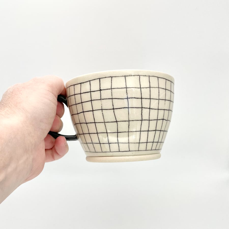 Handmade Mug - Black Grid Squares Linework - Birthday Thank You Pottery Gift