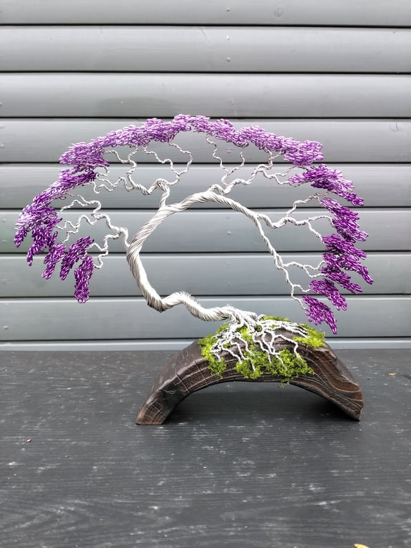 Handmade Amethyst Bonsai Wire Tree Sculpture – Purple Aluminium Art on Wood Base