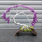 Handmade Amethyst Bonsai Wire Tree Sculpture – Purple Aluminium Art on Wood Base