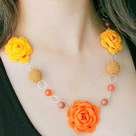 Red Carnelian, Golden Sandstone Crochet Floral Necklace 