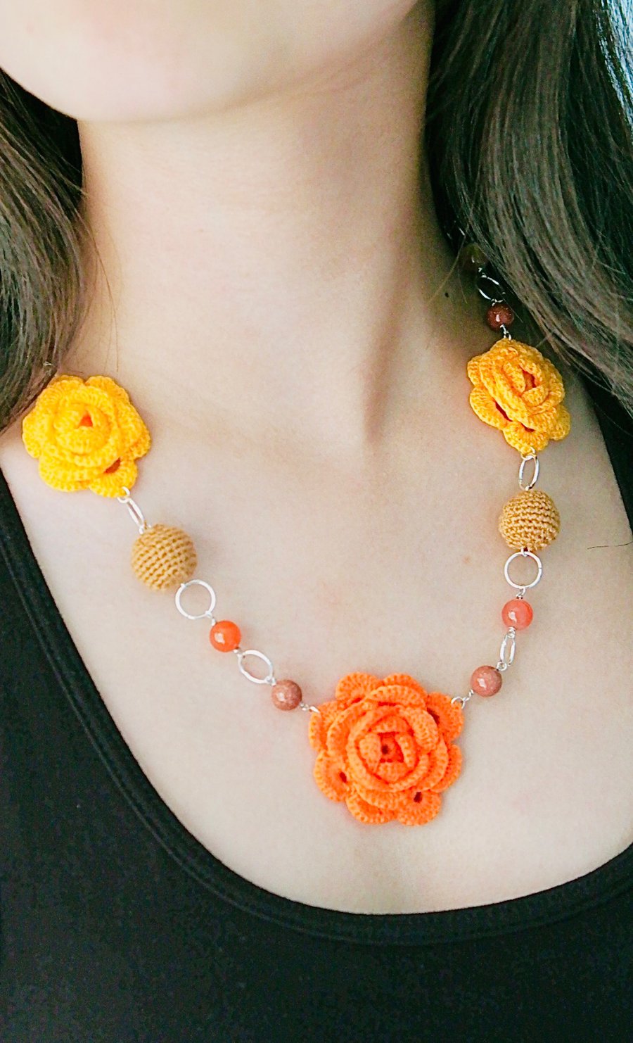 Red Carnelian, Golden Sandstone Crochet Floral Necklace 