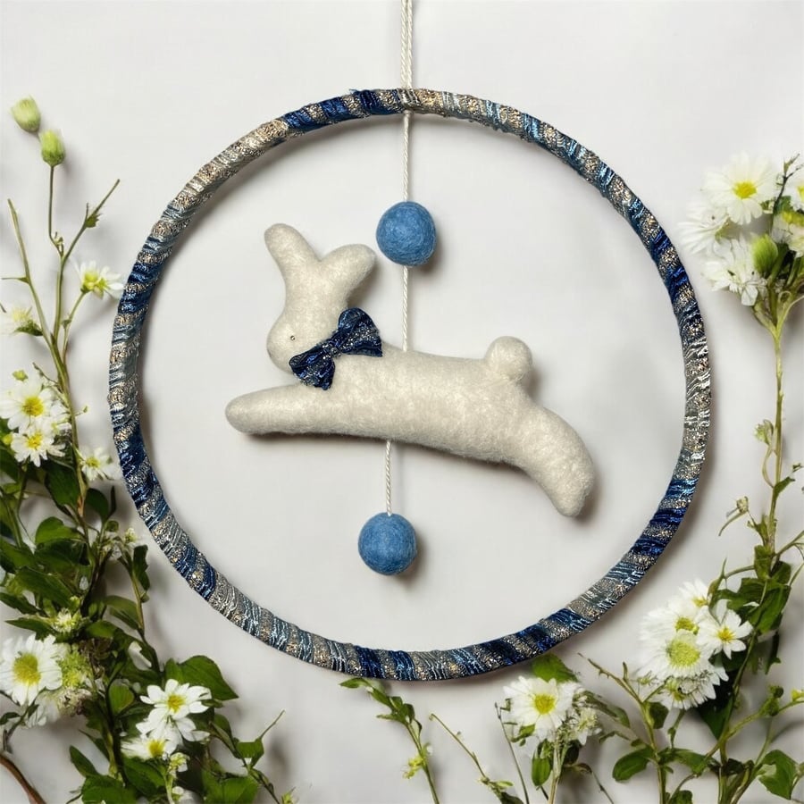 Running white rabbit in hoop, felt nursery decoration, blue