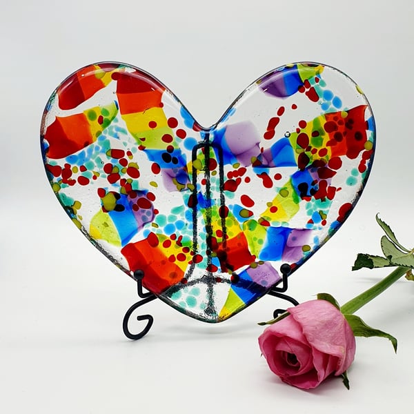 Fused Glass Large Heart on Black Stand
