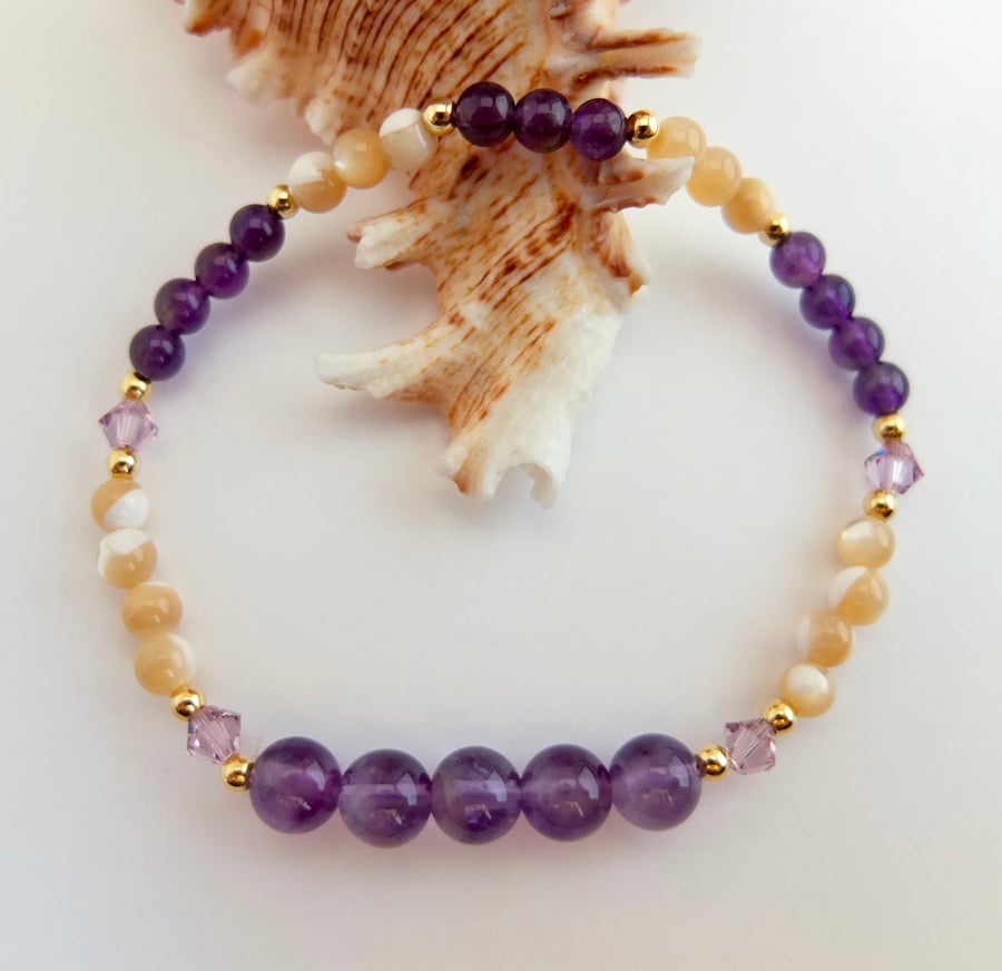 Amethyst & Mother Of Pearl Bracelet With Swarovski Crystals - Handmade In Devon.