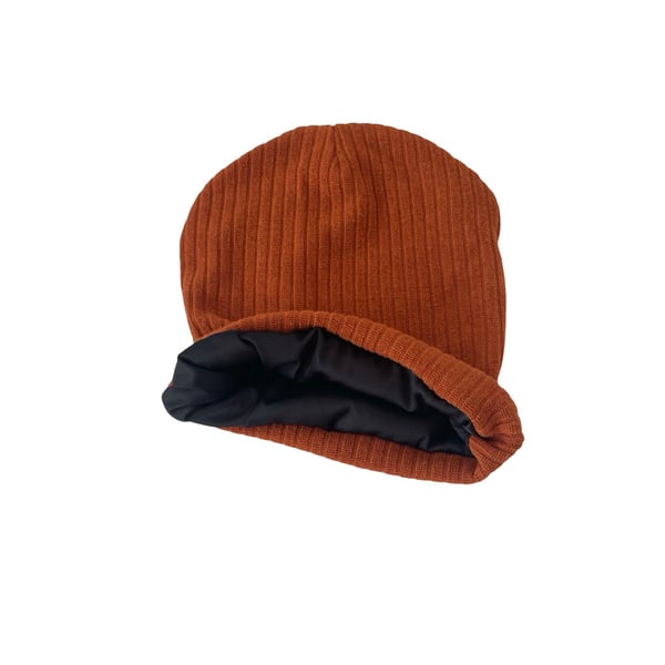 Rust knit fabric satin lined slouchy beanie hat Soft frizz free hair beanie 