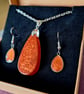 Amber resin teardrop pendant and earrings set