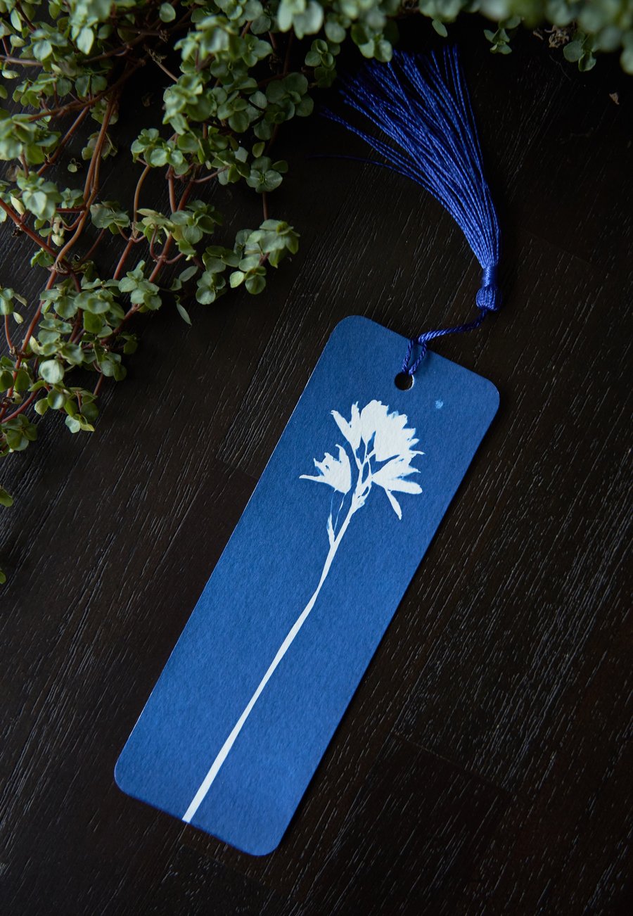Three bookmarks: bluebells, original cyanotype on mixed-media paper, blue tassel