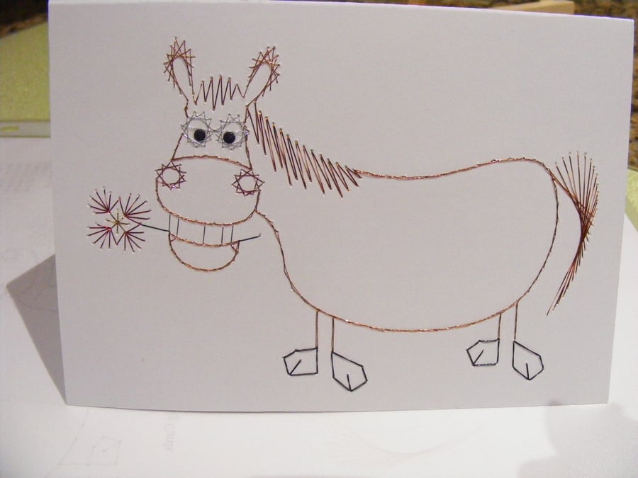Hand Embroidered Horse Birthday Card.