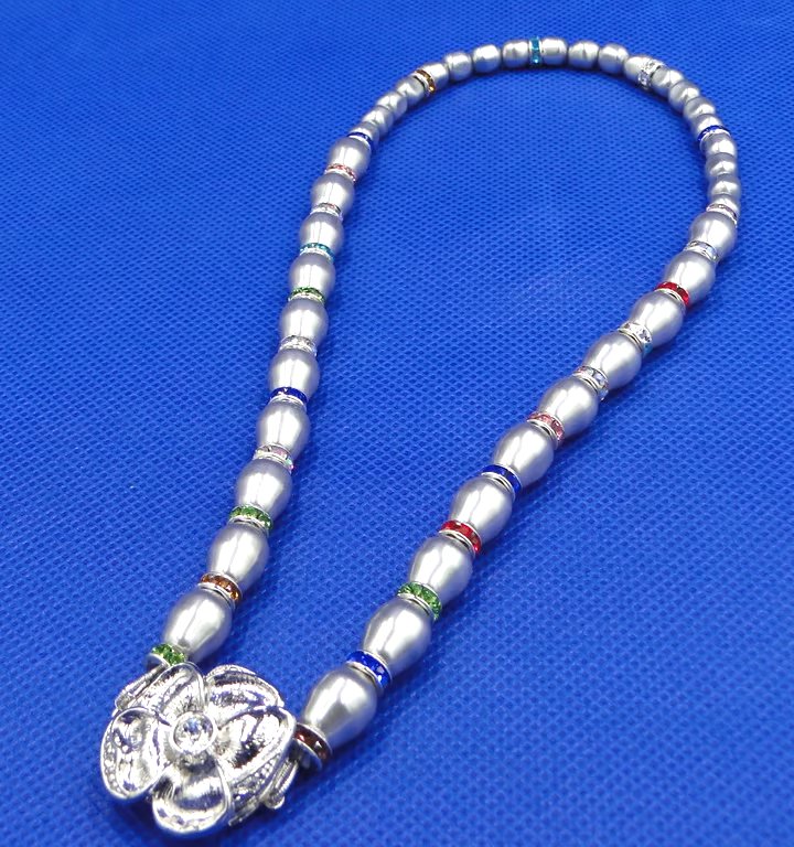 Silver glass pearl and coloured crystal necklace with silver rose clasp party