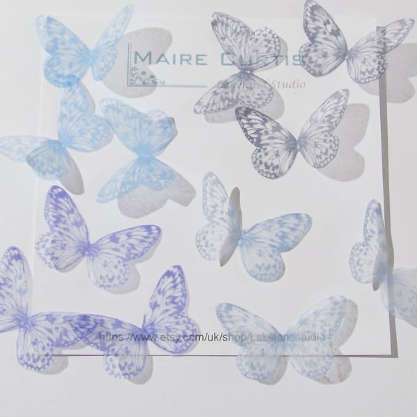 Hand printed silk butterflies in shades of blue