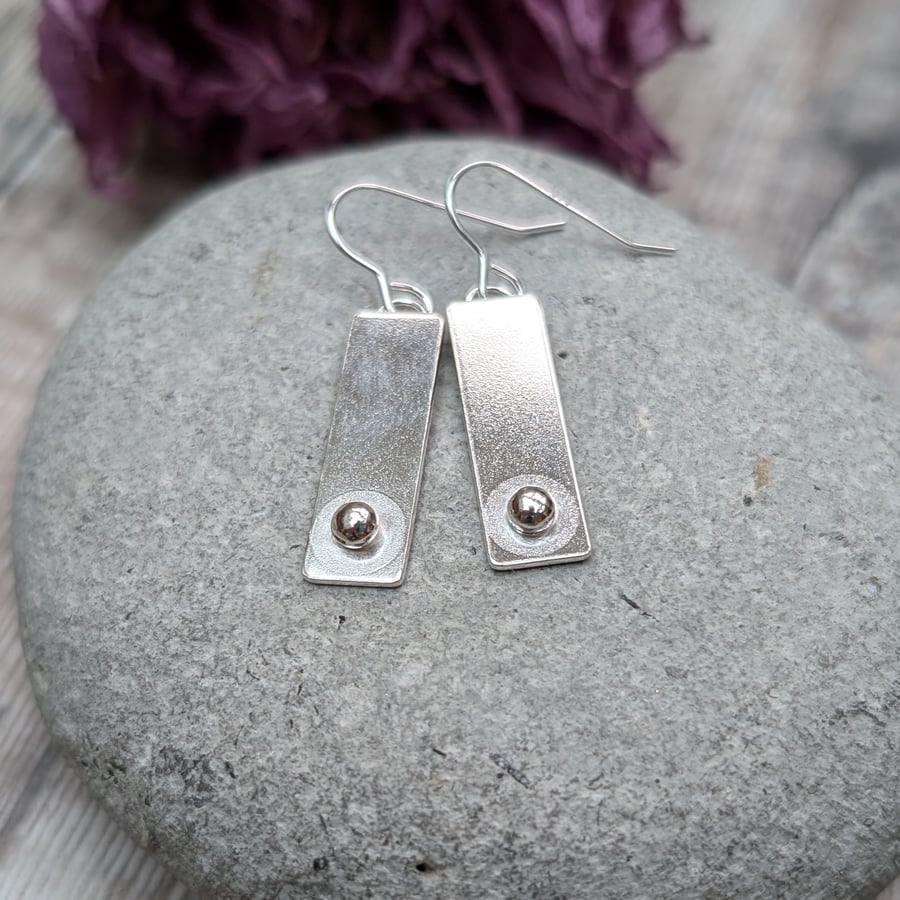 Sterling Silver Rectangle Earrings with Small Pebble Detail - JBJ1023
