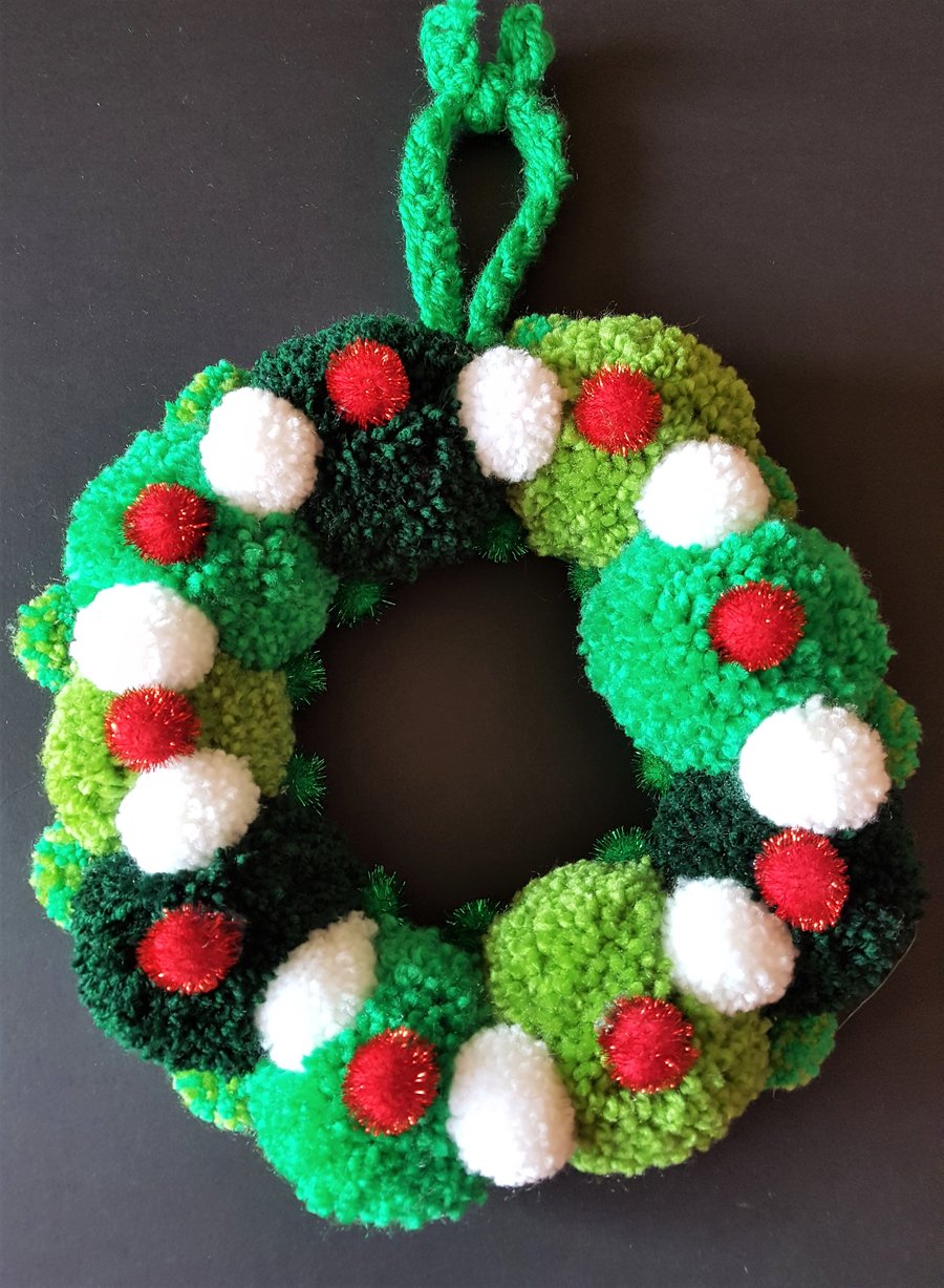 Green,White and Red Pom Pom Wreath 34cms - 13inches