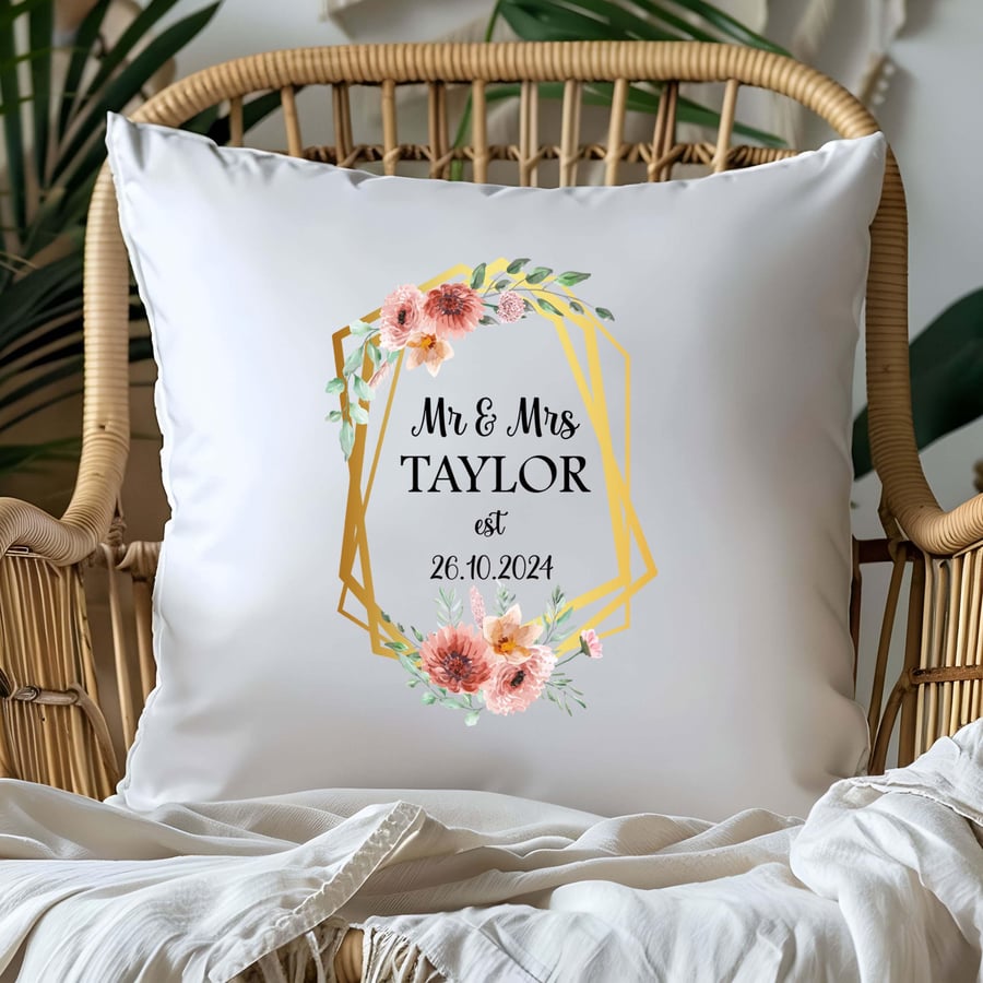 Gold Peach Frame Wedding cushion personalised, Mr and Mrs gift, wedding present