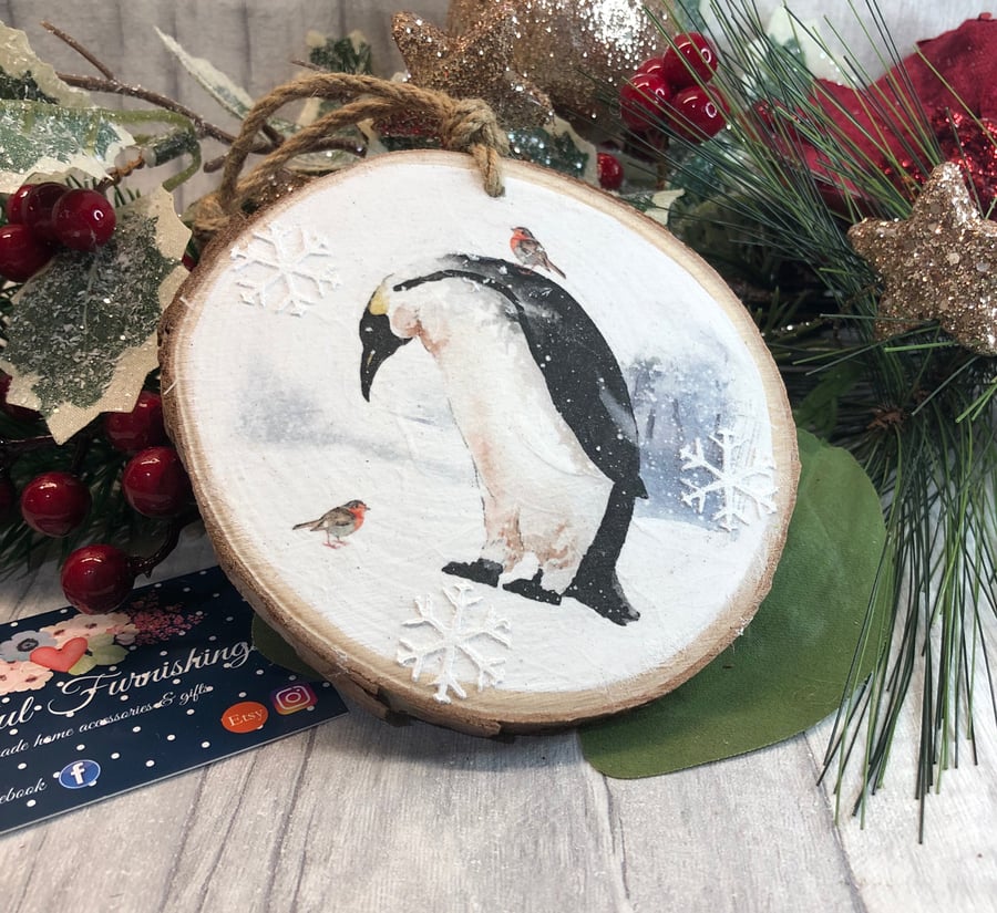 Penguin and Robin rustic log slice Christmas tree decoration