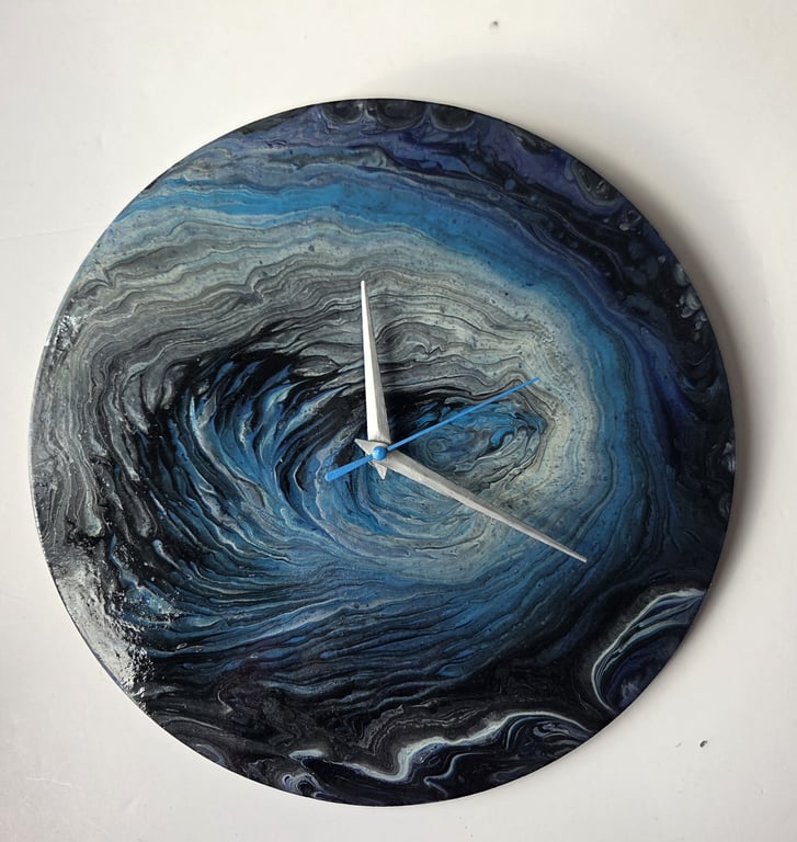 "Blue Symphony" Hand-Painted Fluid Art Wall Clock, Silent Home Decor