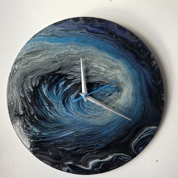 "Blue Symphony" Hand-Painted Fluid Art Wall Clock, Silent Home Decor