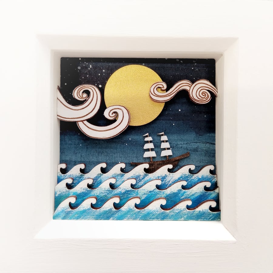 Tall Ship Picture, Nautical Miniature Diorama, Coastal Shadow Box