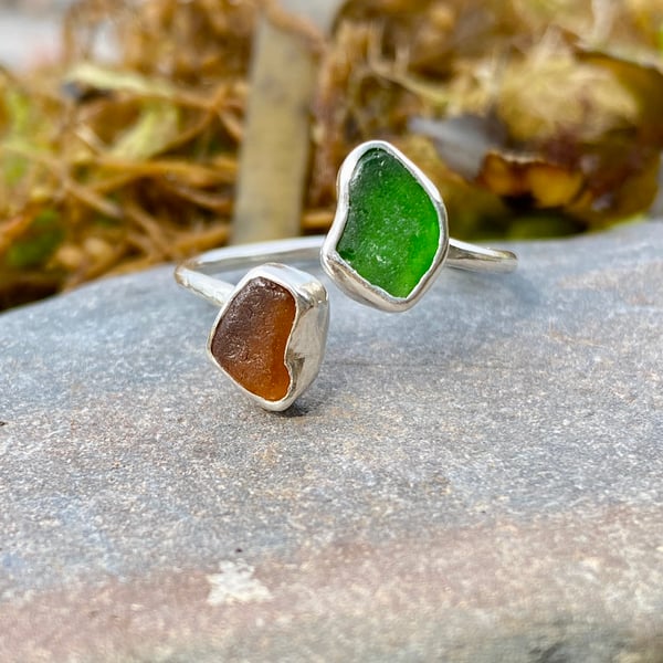 Green & Brown Sea Glass and Sterling Silver Spiral Adjustable Ring - 1336
