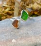 Green & Brown Sea Glass and Sterling Silver Spiral Adjustable Ring - 1336