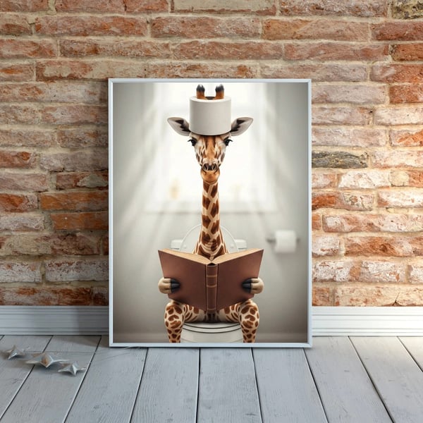 Giraffe with a loo roll on its head Bathroom Wall Prints