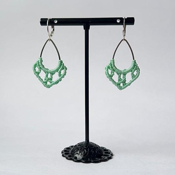 Earrings Macrame Tear Shaped - Mint Green & Silver FREE UK P&P