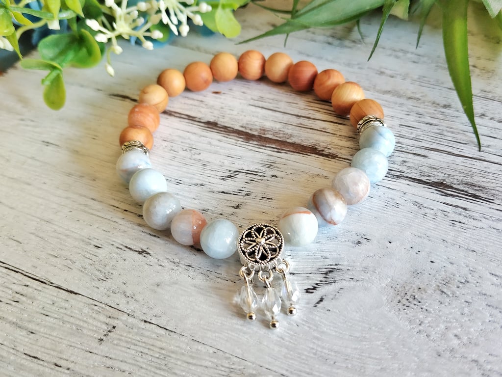 Blue Chalcedony and Walnut Pine Dreamcatcher Bracelet