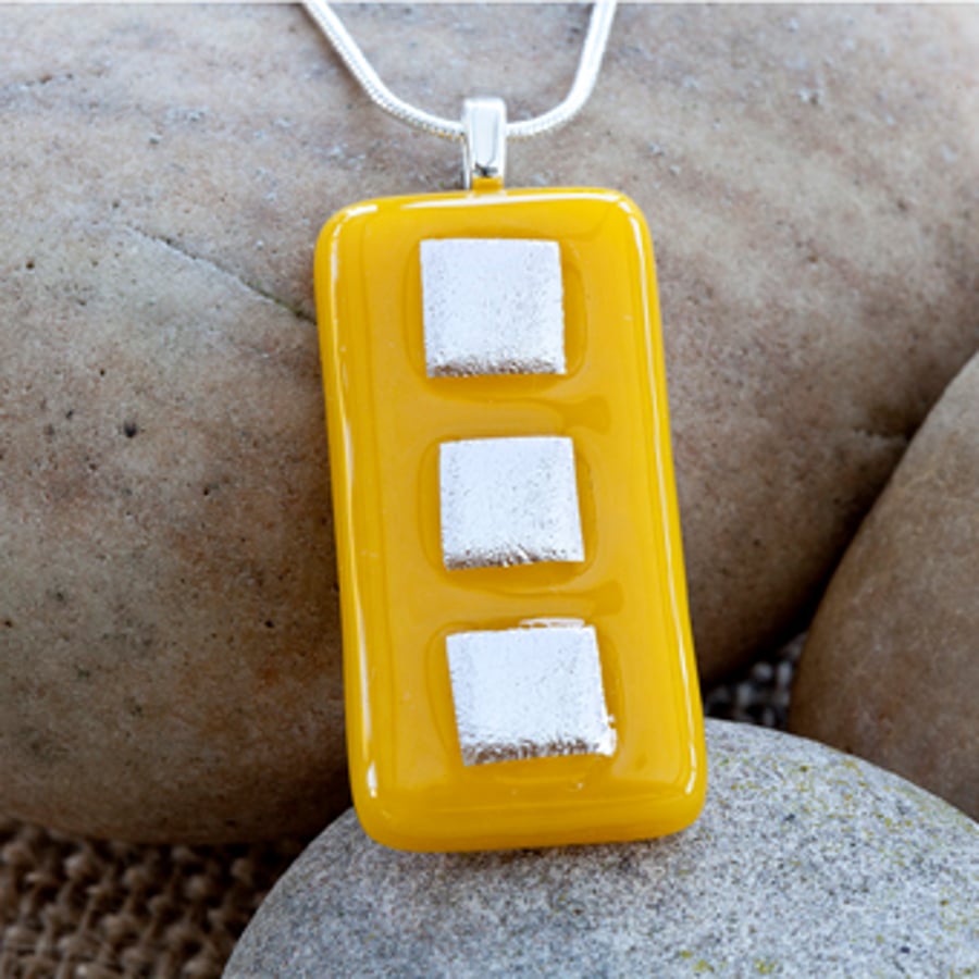 Brightly Coloured Yellow Rectangular Dichroic Fused Glass Pendant