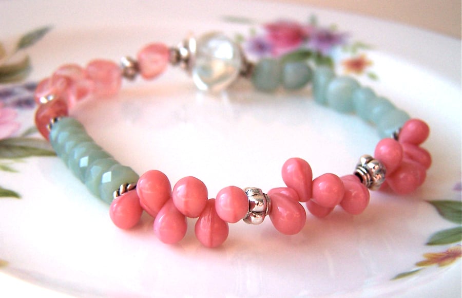 Bracelet, Gemstone, Czech Glass Beads, Aqua Coral, Summer Stretch Bracelet, Ooak