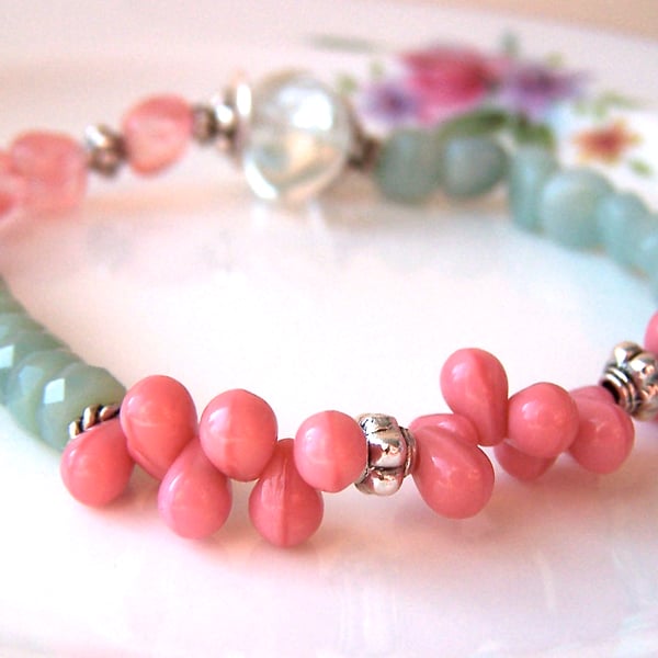 Bracelet, Gemstone, Czech Glass Beads, Aqua Coral, Summer Stretch Bracelet, Ooak