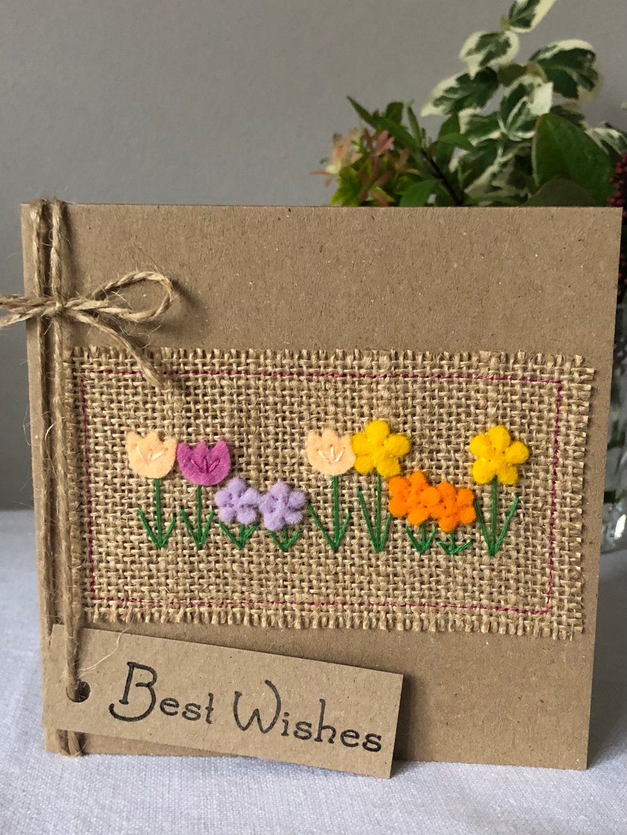 Birthday Card. Bright spring flowers. Wool felt. Handmade. Greeting card.