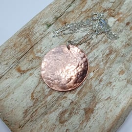 Hammer Textured Copper Disc Pendant Necklace - UK Free Post