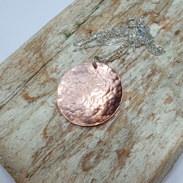 Hammer Textured Copper Disc Pendant Necklace - UK Free Post