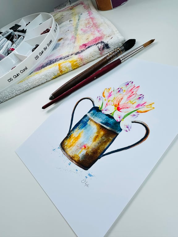 Watercolour Print Vintage Dual Handle Pot Full of Tulips