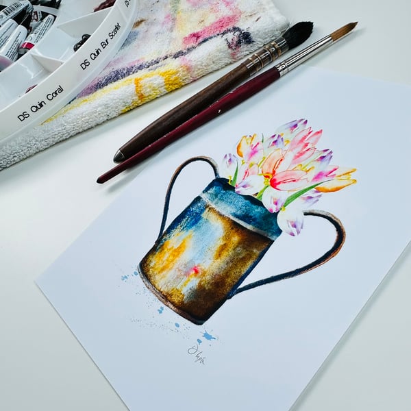 Watercolour Print Vintage Dual Handle Pot Full of Tulips