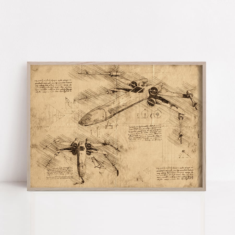 An X-Wing from Star Wars sepia Da Vinci Style print