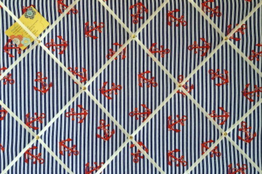 Handmade Bespoke Memo Notice Board With Nautical Blue Stripe Red Anchors Fabric