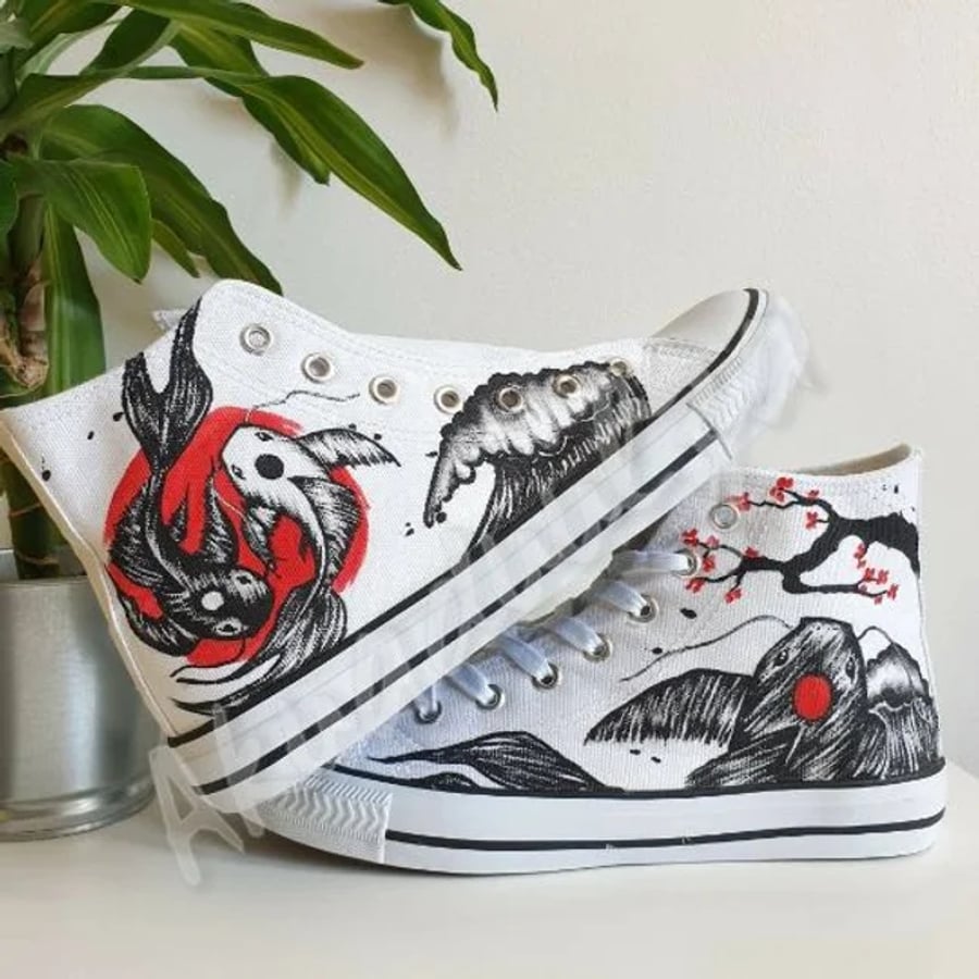 Japanese Koi Fish Hand Painted Shoes, Custom yin and yang shoes