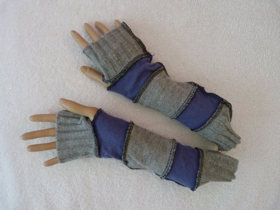 Finger-less Gloves Arm-warmers created from Up-cycled Sweaters.Blue Grey