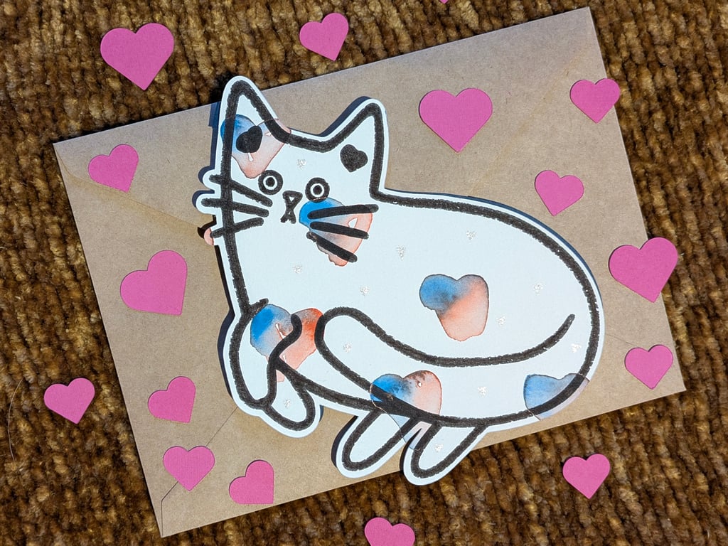 Cat card hand painted watercolour shaped greeting card love hearts 7