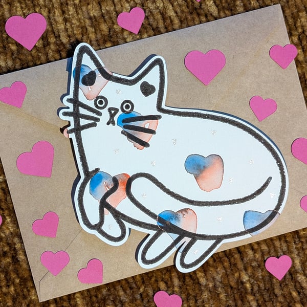 Cat card hand painted watercolour shaped greeting card love hearts 7