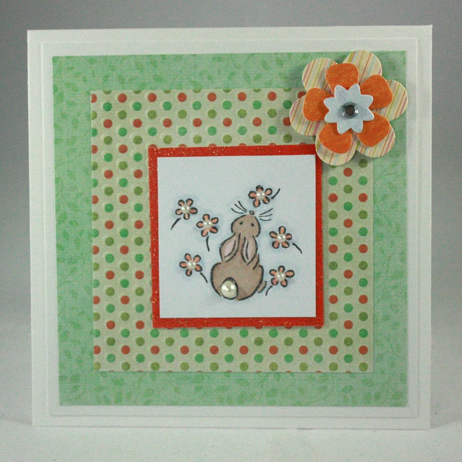 Handmade, any occasion card - bunny and flowers