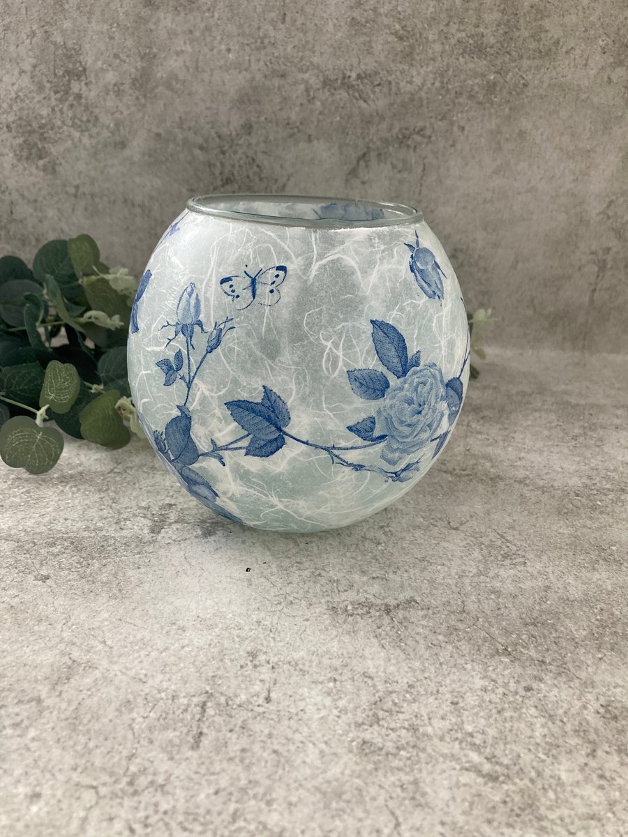 Decoupage Glass Bowl - Pretty Blue Rose Floral Home Decor - upcycled