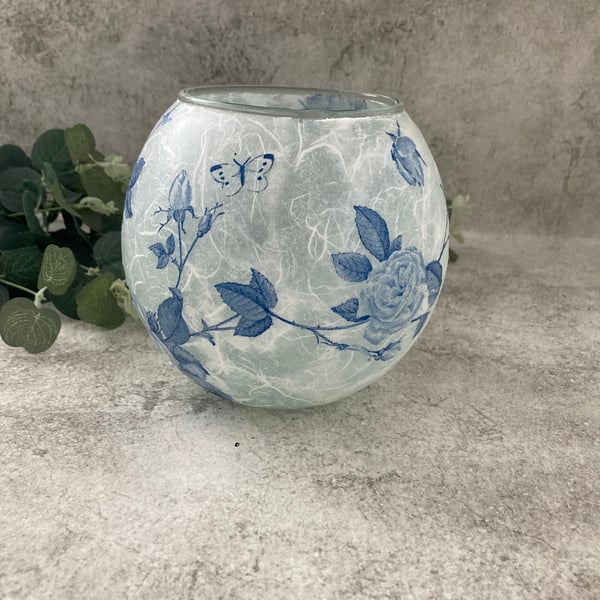 Decoupage Glass Bowl - Pretty Blue Rose Floral Home Decor - upcycled