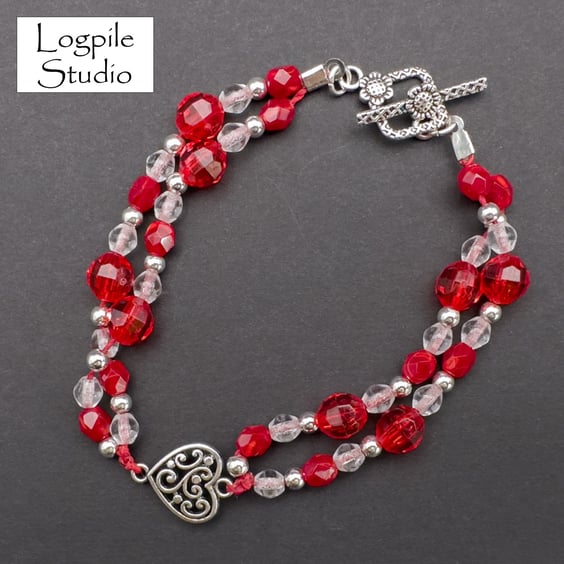 Red and Silver Beaded Bracelet with Filigree Heart