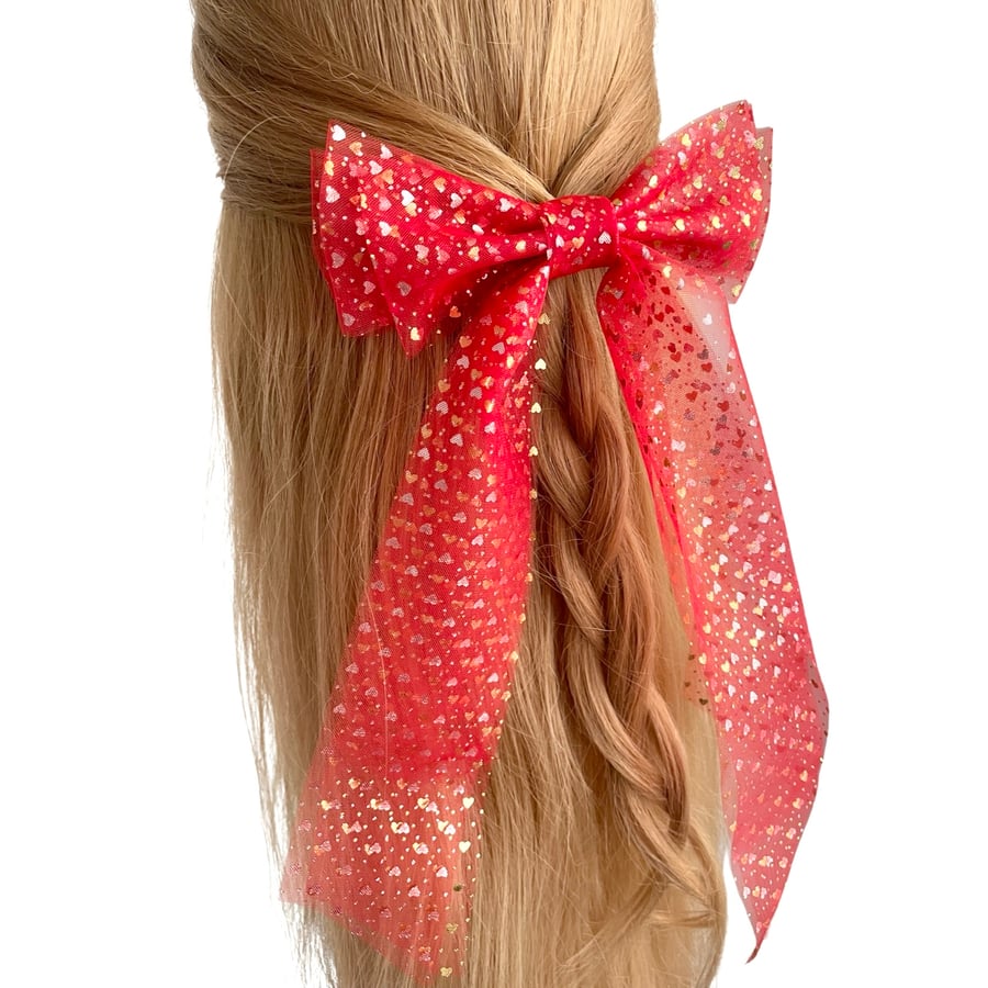 Lightweight long tail red heart ribbon Valentines Day hair bow clip for women
