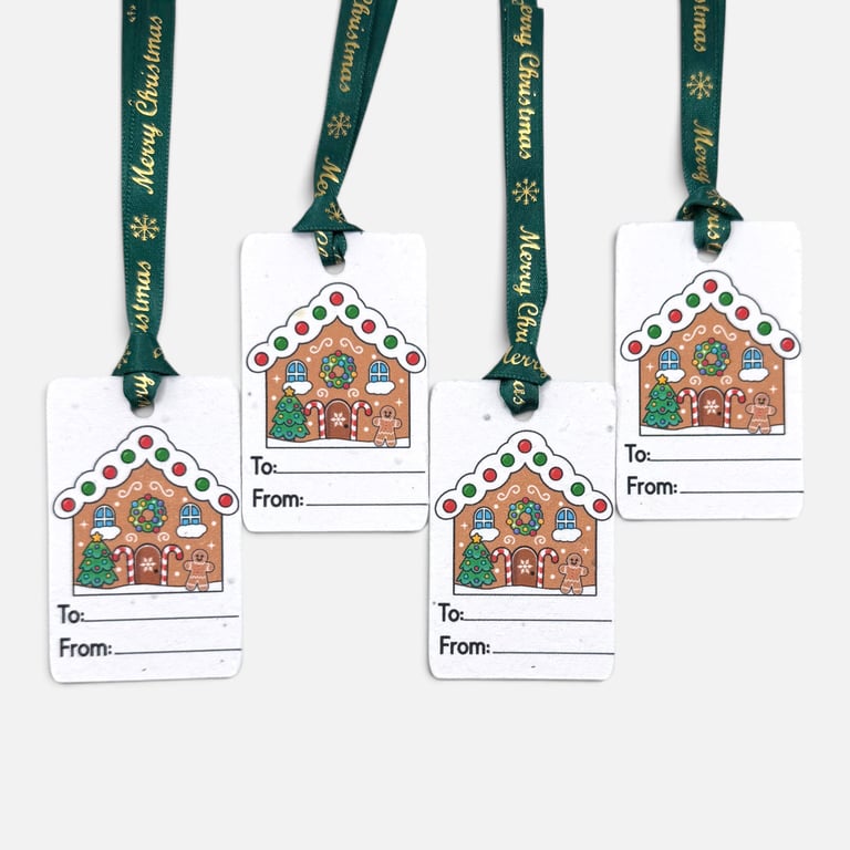 Set of 4 Plantable Christmas Gift Tags, Seed Paper, Gingerbread House Tags