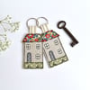 Embroidered house keychain, house key ring, red Liberty fabric, new home gift