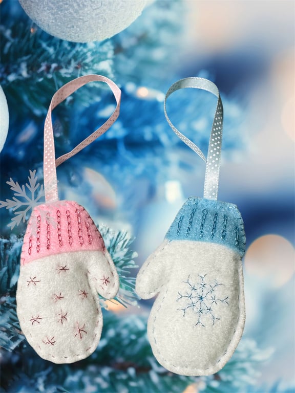 Felt embroidered mitten baubles, 1st Christmas, nursery decor