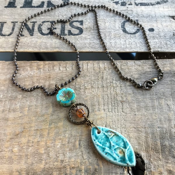Artisan Ceramic Necklace - Rustic Turquoise Pendant, Ellipse Design