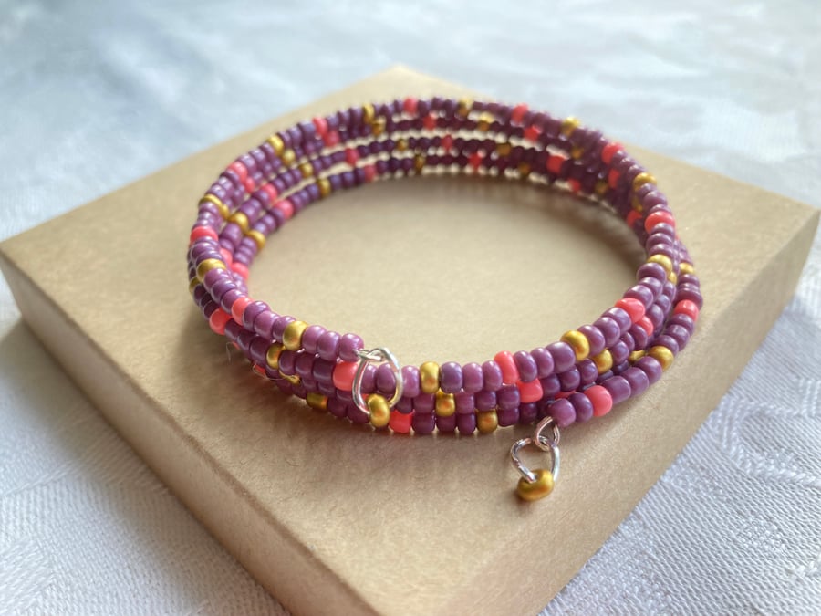 Burgundy, Coral & Gold memory wire bracelet 